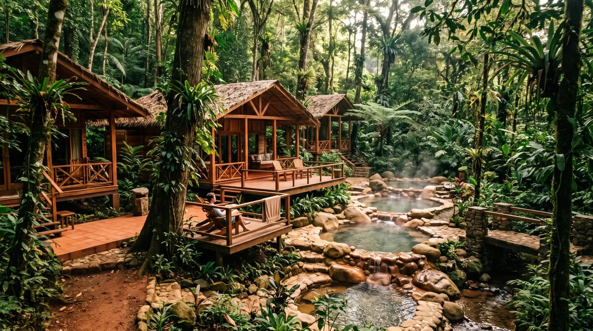Écolodge niché dans la jungle tropicale du Costa Rica, illustrant une immersion bien-être en pleine nature