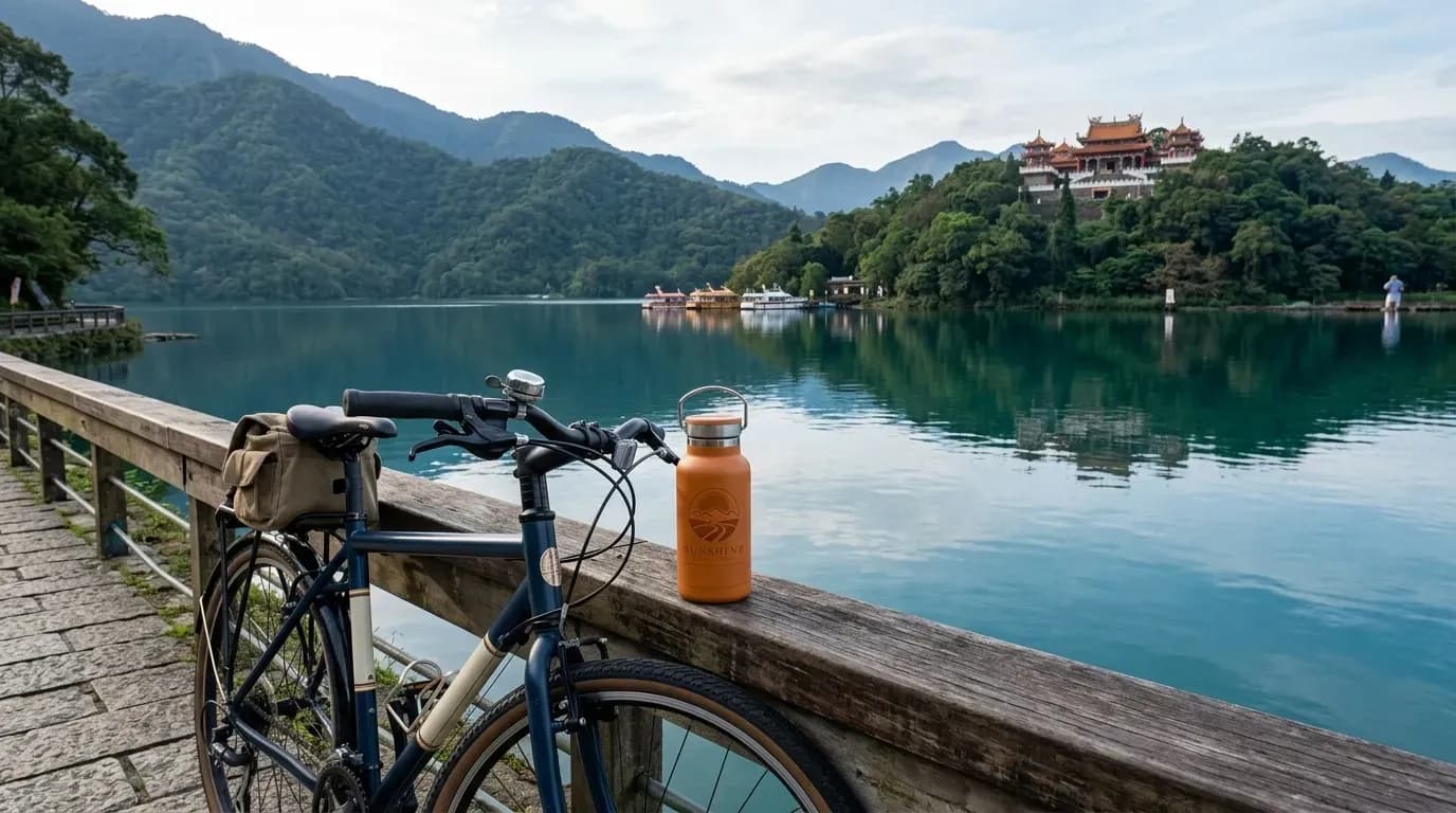 Vélo au bord du Sun Moon Lake à Taïwan avec le temple Wenwu en arrière-plan, illustrant la sérénité du lac et ses balades à vélo