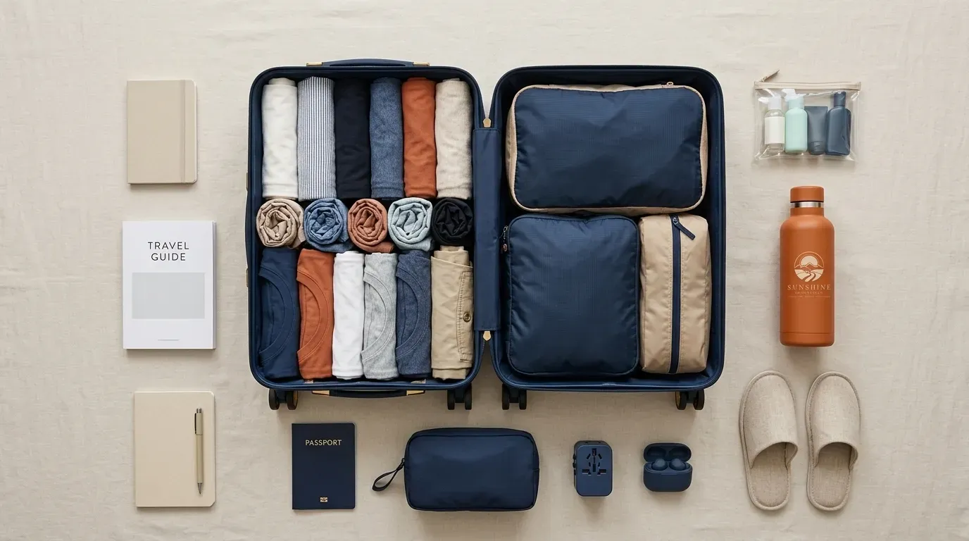 Valise organisée avec vêtements roulés et accessoires de voyage, illustrant l'art de voyager léger