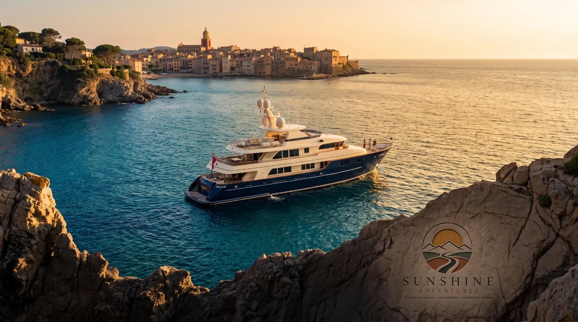 Yacht privé naviguant le long de la Côte d'Azur au coucher du soleil, illustrant un séjour prestige entre yachting et détente