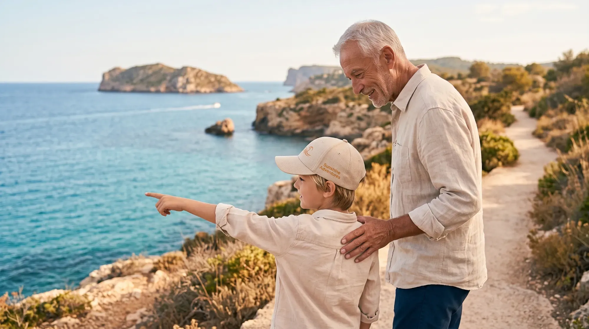 Grand-père et petit-fils en promenade, illustrant la complicité intergénérationnelle en voyage