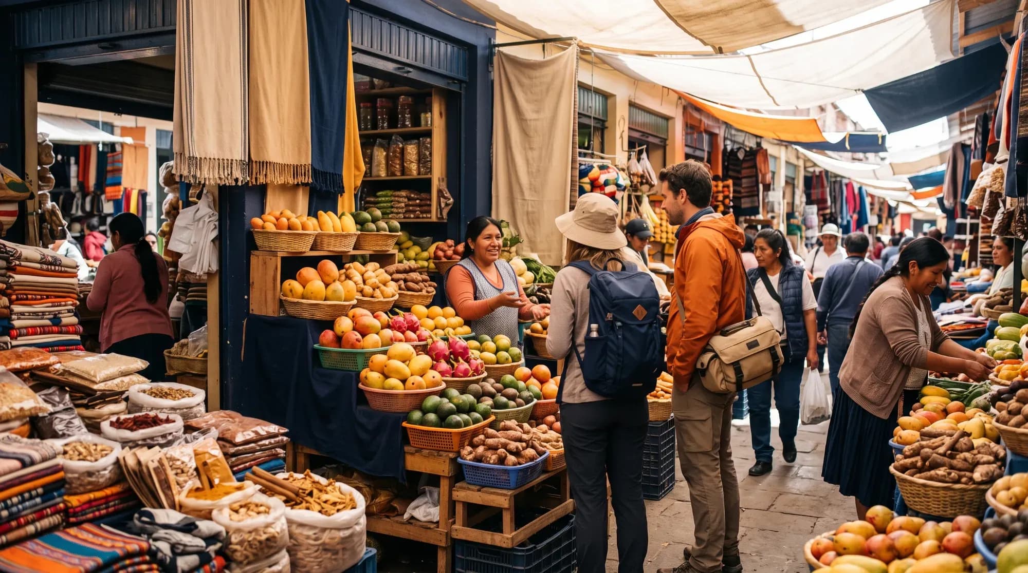 Marché local animé avec étals de nourriture, illustrant comment profiter d'expériences authentiques et économiques sur place