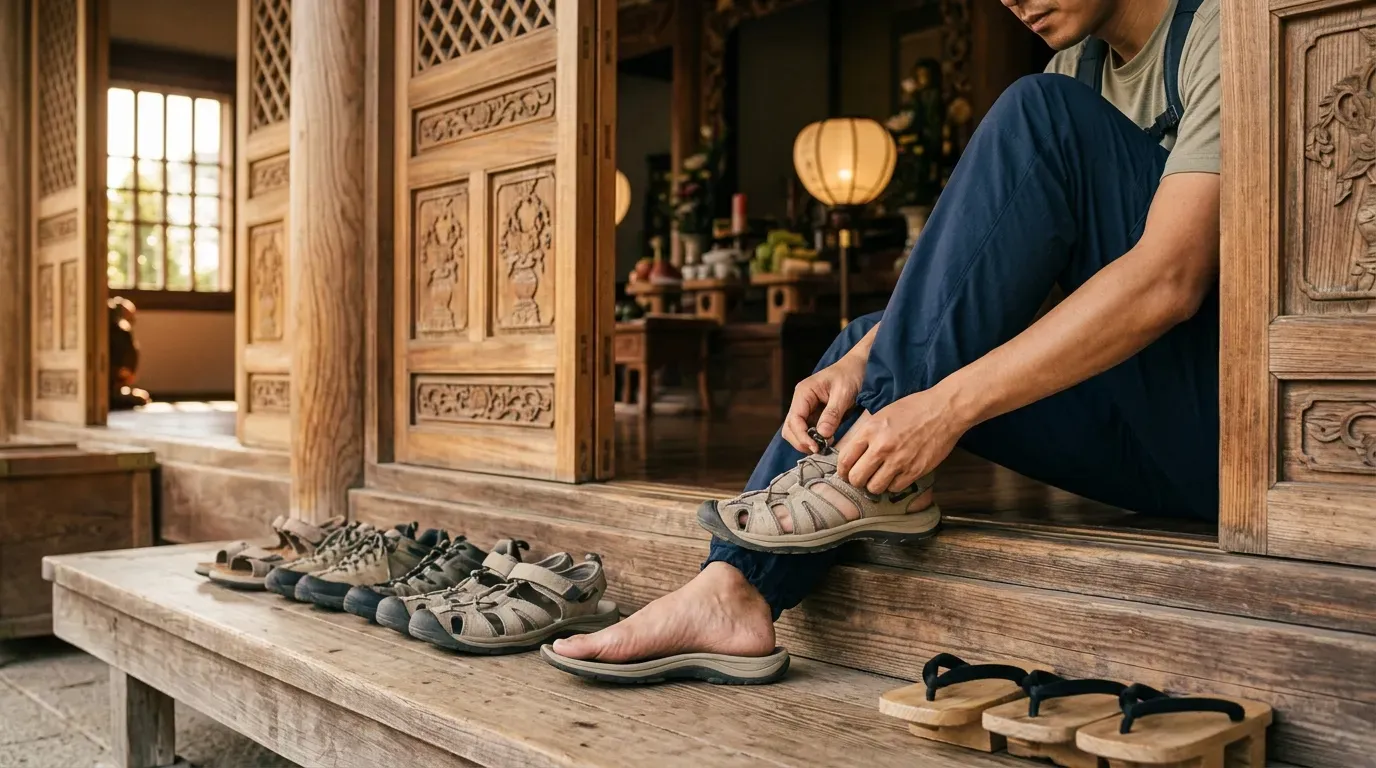 Voyageur retirant ses chaussures avant d'entrer dans un temple, illustrant le respect des coutumes locales