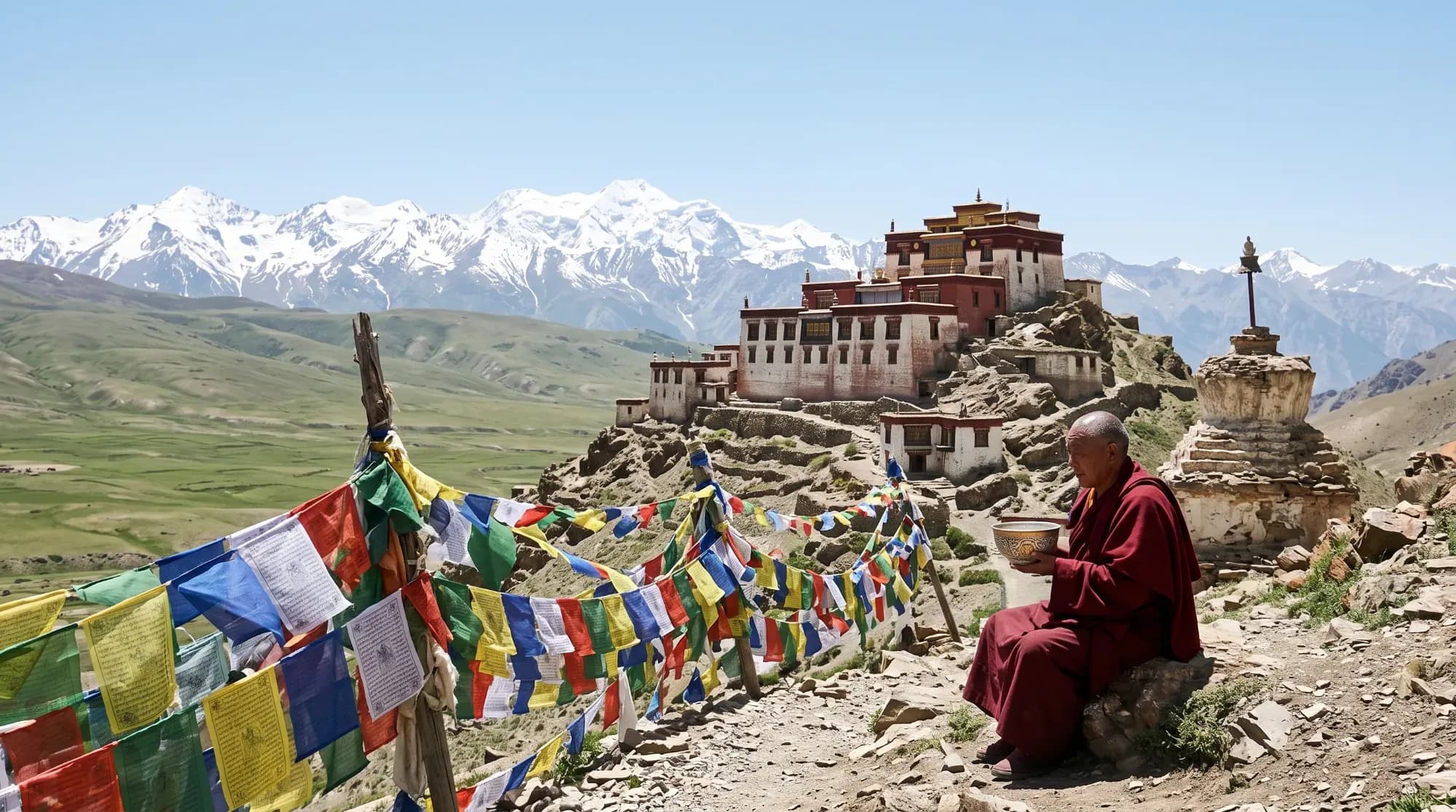 Monastère bouddhiste tibétain dans les montagnes du Népal, illustrant une immersion culturelle himalayenne
