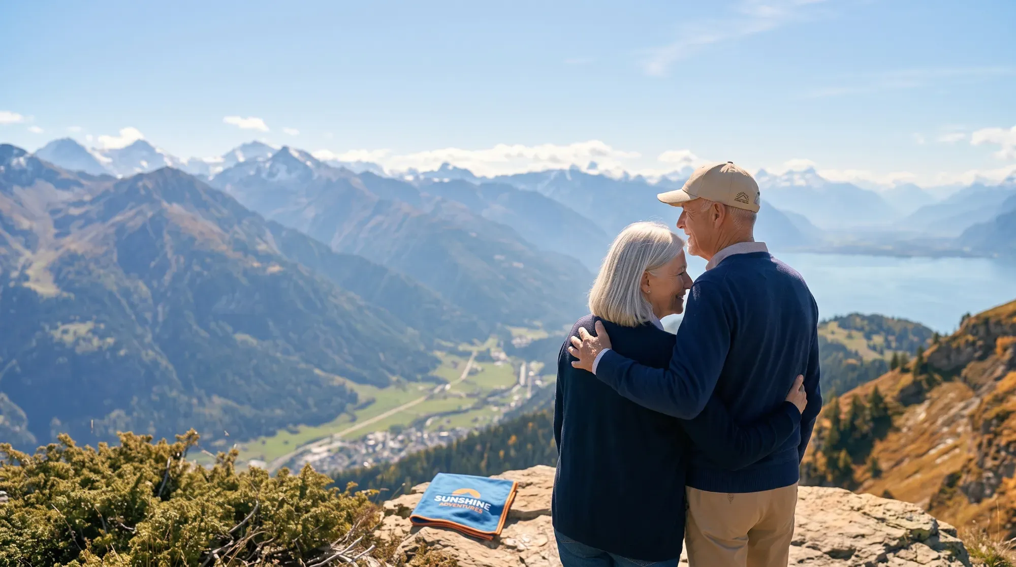 Couple enlacé face à un paysage grandiose, illustrant la célébration d'un moment de vie important en voyage