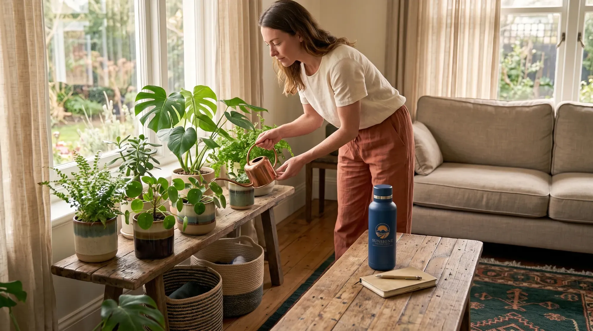 Personne de confiance arrosant les plantes d'un domicile pendant l'absence des propriétaires, illustrant le service de surveillance à domicile