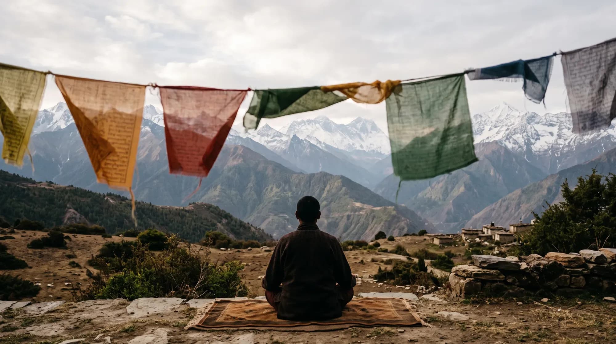 Silhouette en méditation face aux sommets de l'Himalaya avec drapeaux de prière, illustrant une retraite spirituelle en Inde