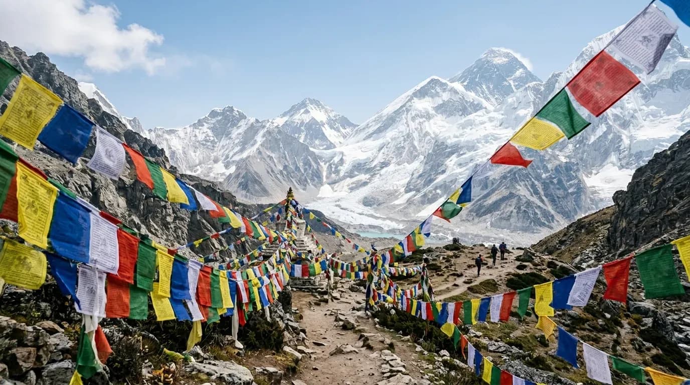 Sentier de trek dans l'Himalaya avec drapeaux de prière, illustrant une randonnée au Népal