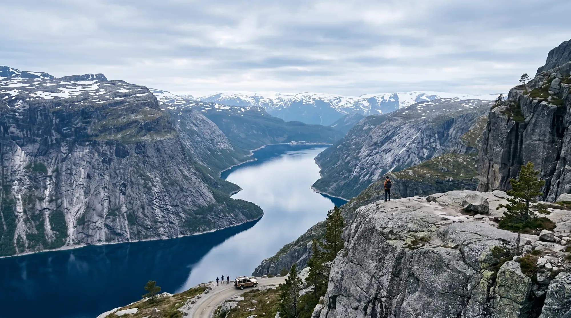 Fjord norvégien avec falaises rocheuses et sommets enneigés, illustrant les paysages spectaculaires de Norvège