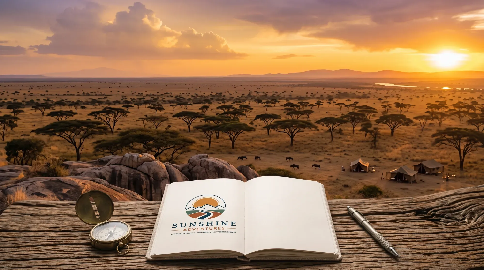 Savane africaine au coucher du soleil avec acacias, illustrant l'introduction du voyage