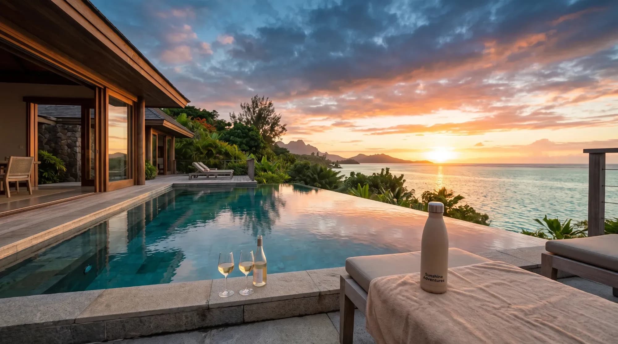 Private Villa mit Infinity-Pool bei Sonnenuntergang, illustriert die Planung unvergesslicher Flitterwochen.