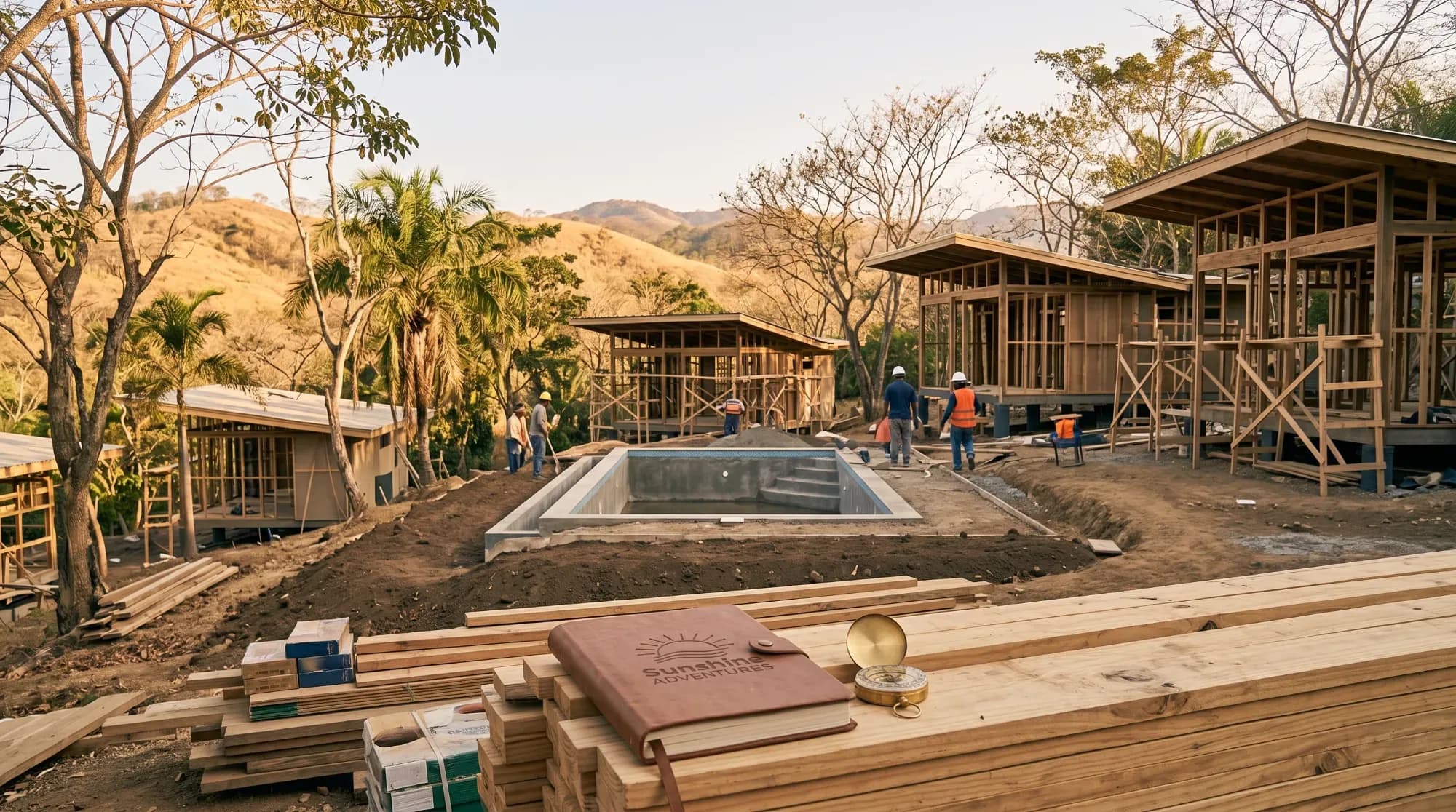 Complexe de bungalows en bois en construction avec piscine au Guanacaste, Costa Rica, illustrant un projet immobilier de petite échelle intégré à son environnement