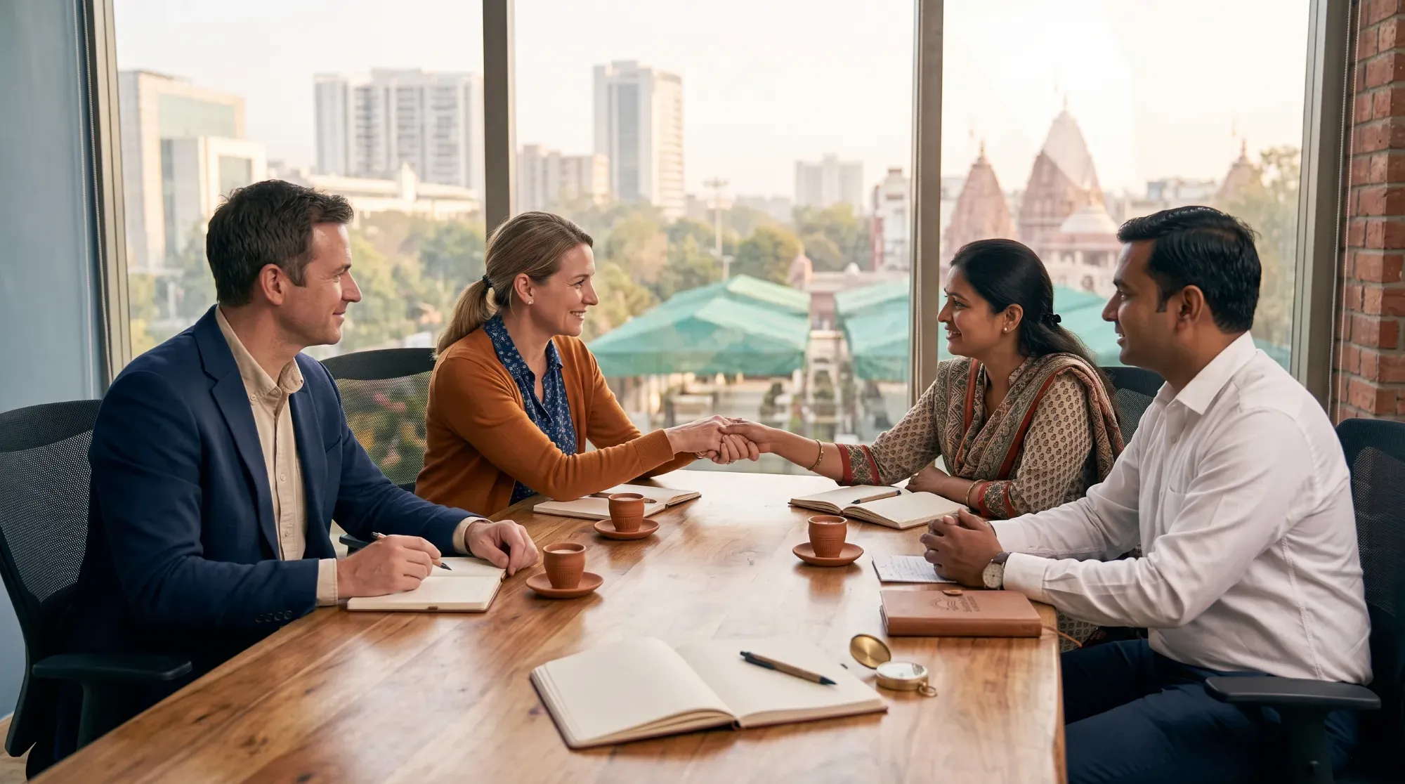 Voyageurs européens échangeant avec des responsables locaux indiens autour d'une table de réunion, illustrant l'importance des relations de confiance dans l'environnement des affaires