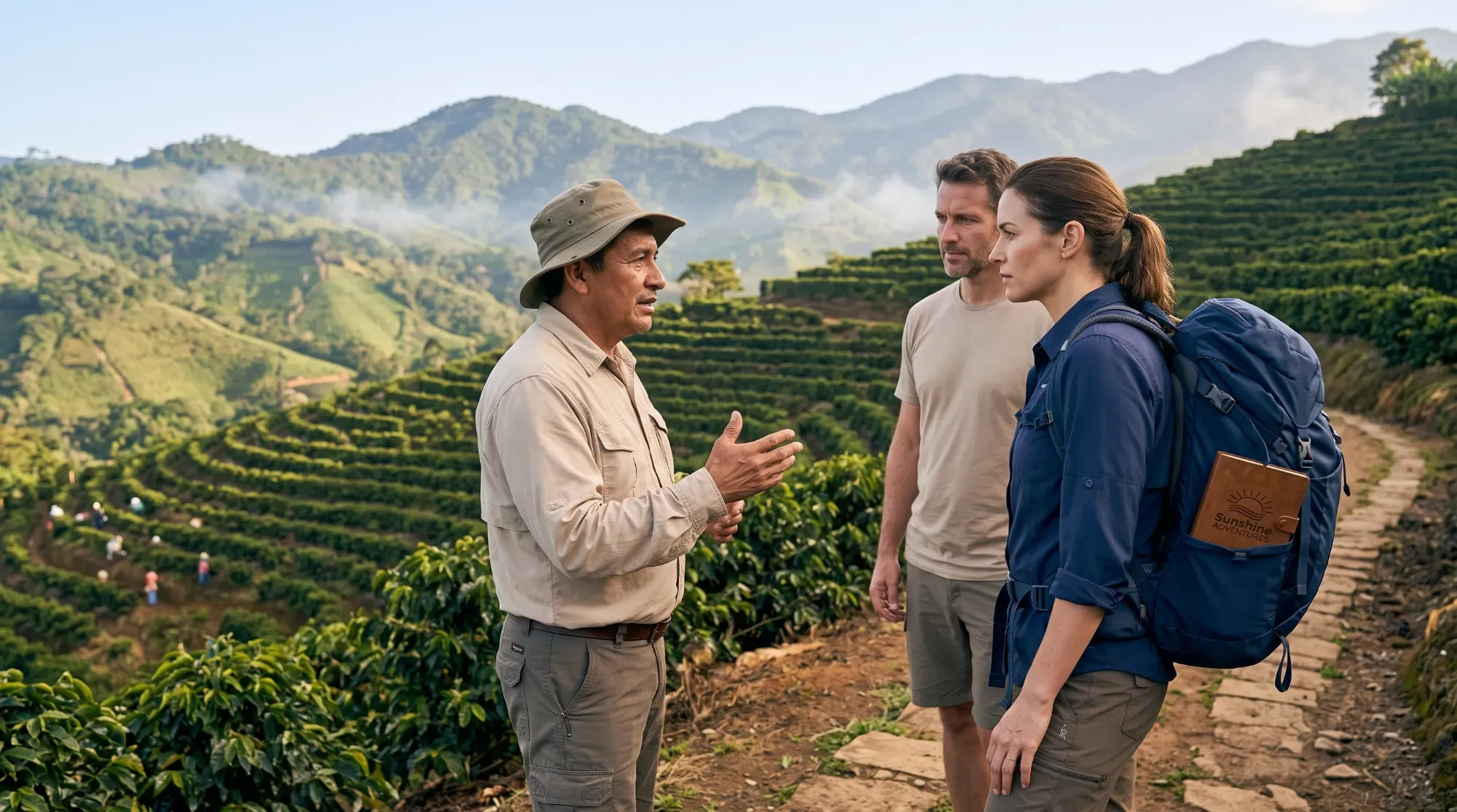 Travelers listening to a local guide on a coffee plantation in Costa Rica, illustrating a discovery trip before investing abroad.
