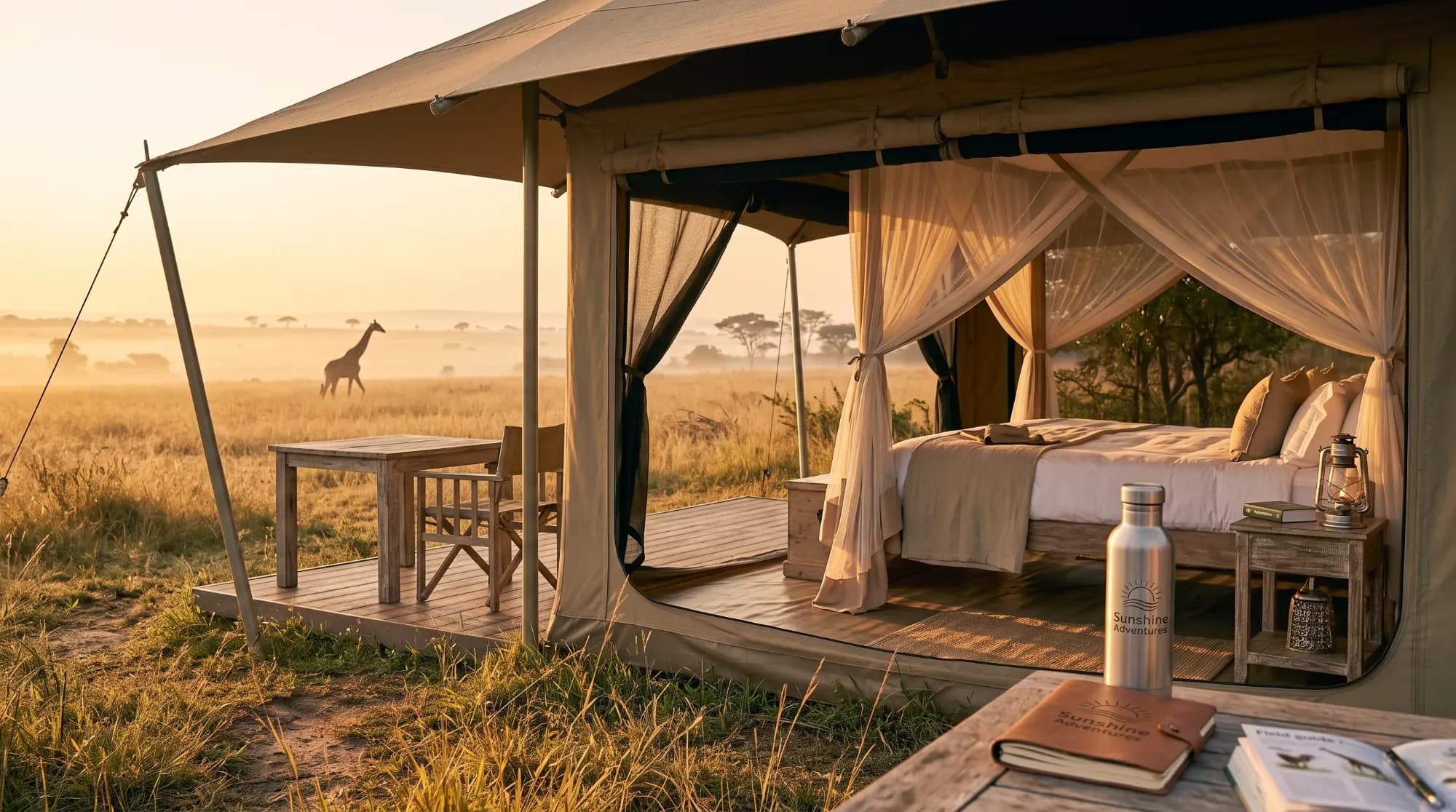 Luxury safari tent open onto the savanna at sunrise, illustrating the experience of a high-end safari.