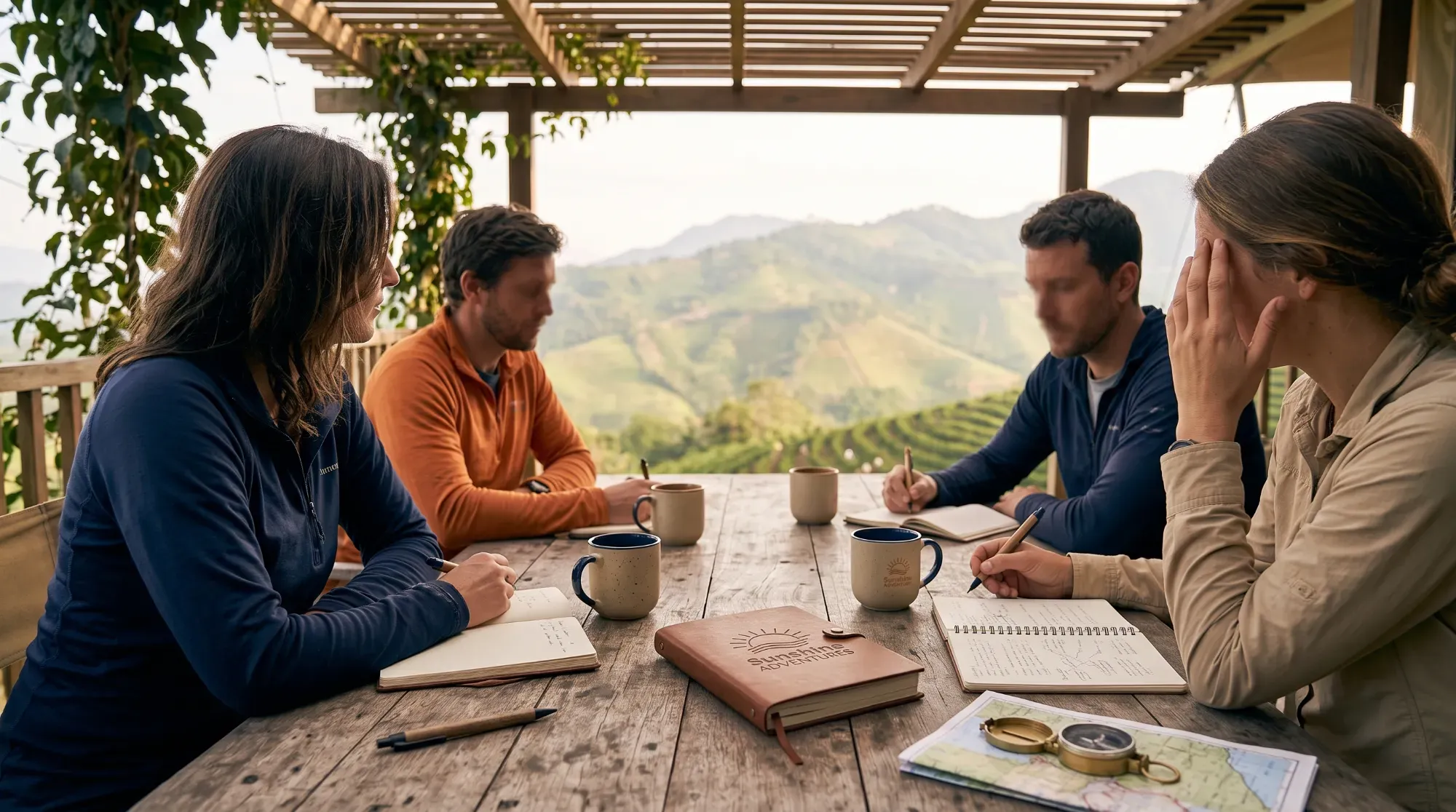 Discussion autour d'une table en terrasse, illustrant les rencontres avec des interlocuteurs locaux lors d'un voyage de découverte