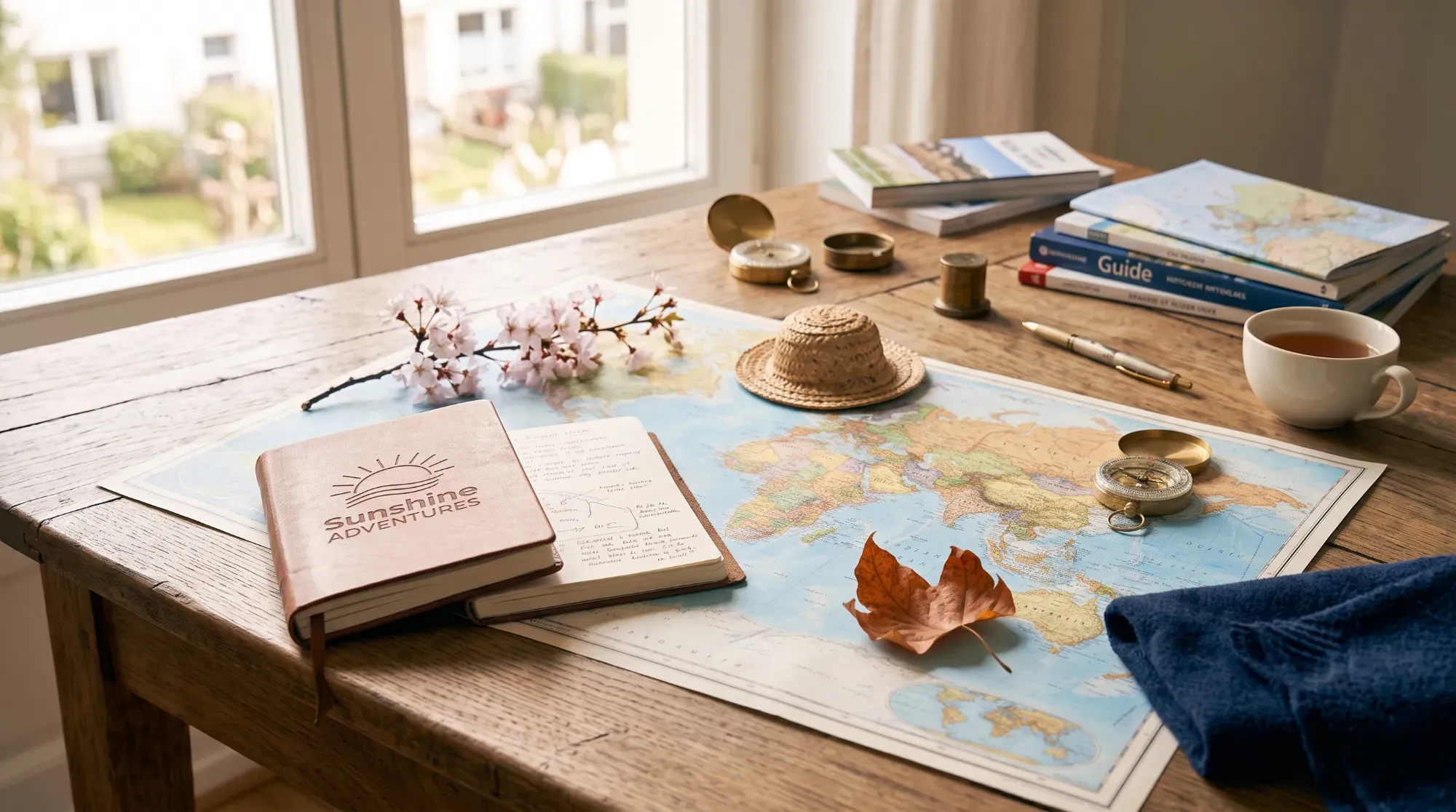 Travel journal surrounded by objects symbolizing the four seasons, illustrating the choice of the best time to travel.